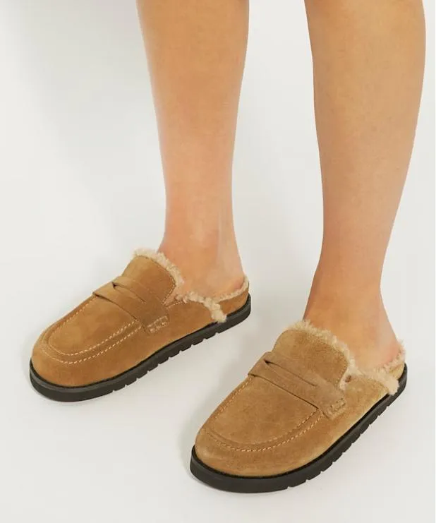 Dune London Flat Shoes Women Faux Shearling Lined Backless Mule Suede Loafers Neutral