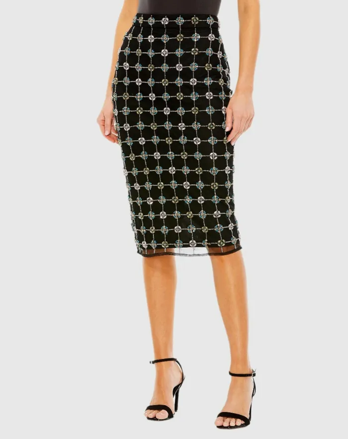 Embellished Geometrical Skirt with Rhinestones 8211 FINAL SALE Black Skirts Mac Duggal Women Embellished Geometrical Skirt with Rhinestones 8211 FINAL SALE Black Skirts Mac Duggal Women