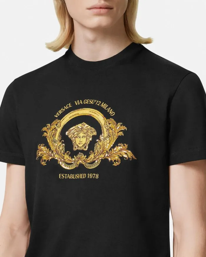 Embroidered Coupe Blason TShirt Black Men Versace TShirts and Polos