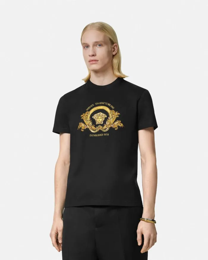Embroidered Coupe Blason TShirt Black Men Versace TShirts and Polos