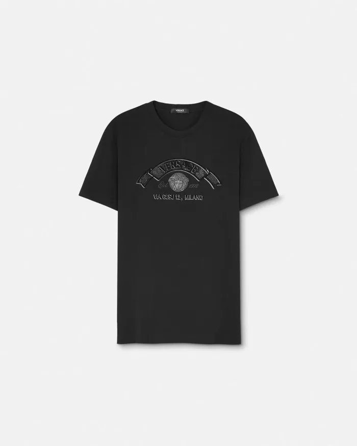 Embroidered Medusa Stamp 3D TShirt Black Men Versace TShirts and Polos
