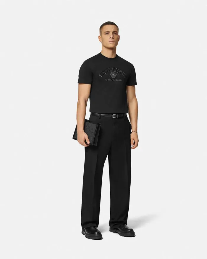 Embroidered Medusa Stamp 3D TShirt Black Men Versace TShirts and Polos