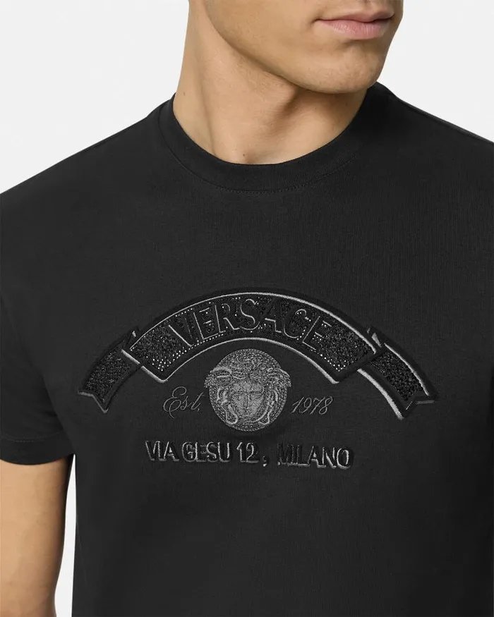 Embroidered Medusa Stamp 3D TShirt Black Men Versace TShirts and Polos