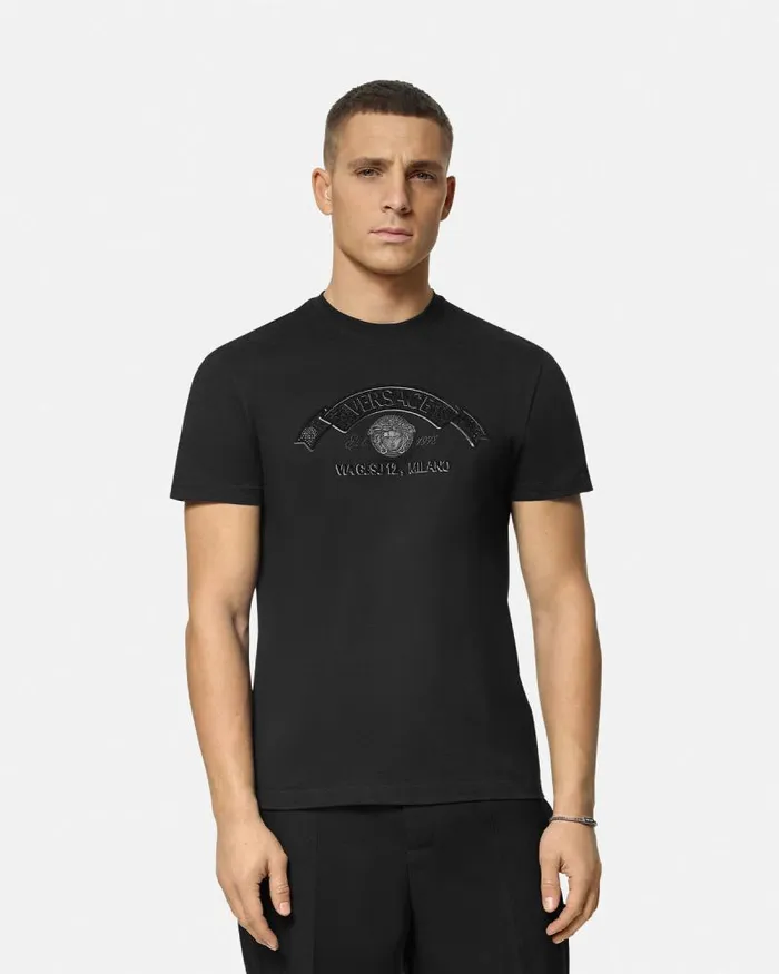 Embroidered Medusa Stamp 3D TShirt Black Men Versace TShirts and Polos