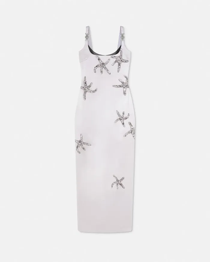 Embroidered Satin Silk Column Gown Gray Women Versace Dresses