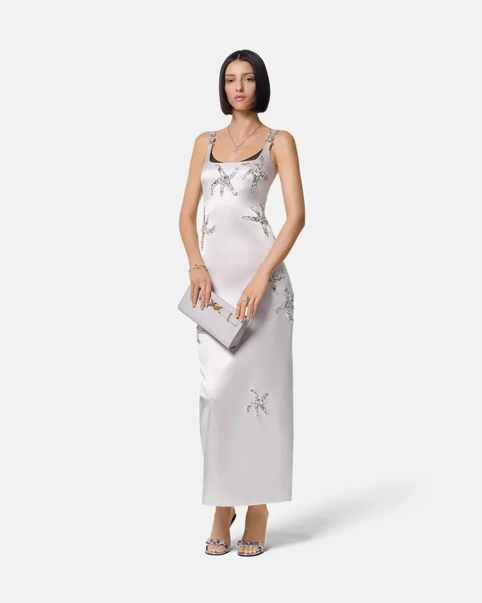 Embroidered Satin Silk Column Gown Gray Women Versace Dresses