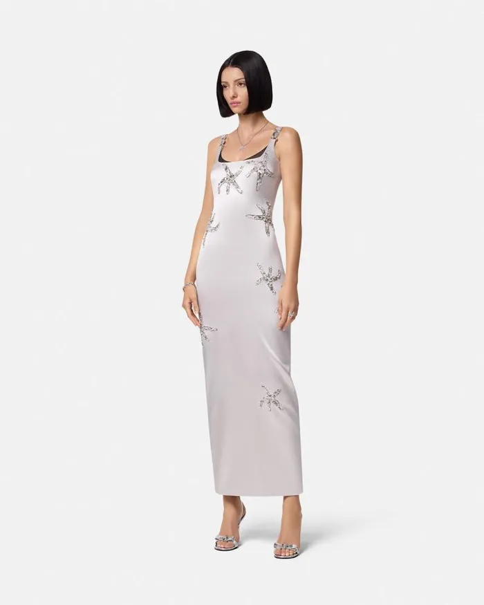 Embroidered Satin Silk Column Gown Gray Women Versace Dresses