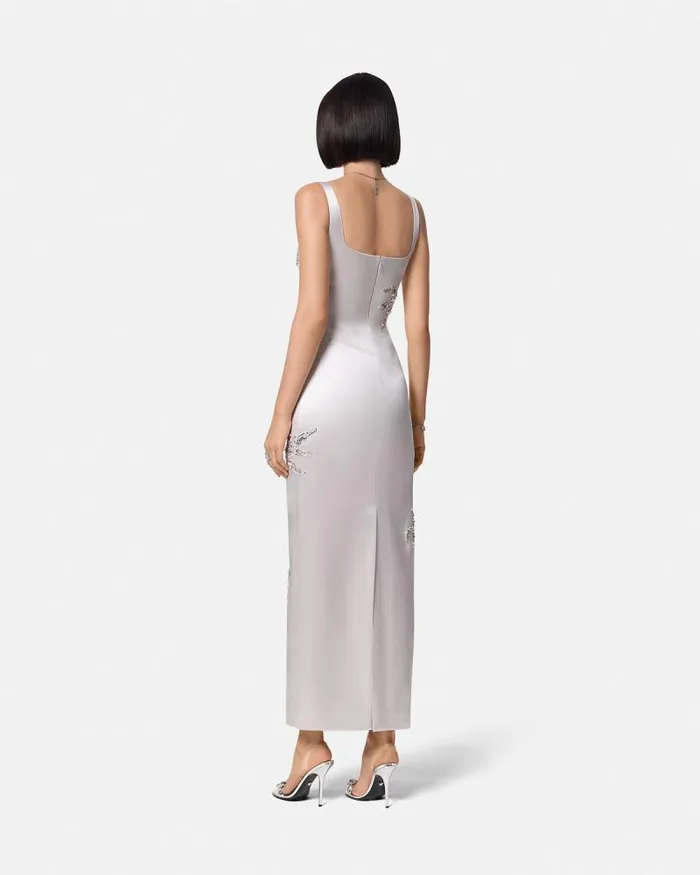 Embroidered Satin Silk Column Gown Gray Women Versace Dresses