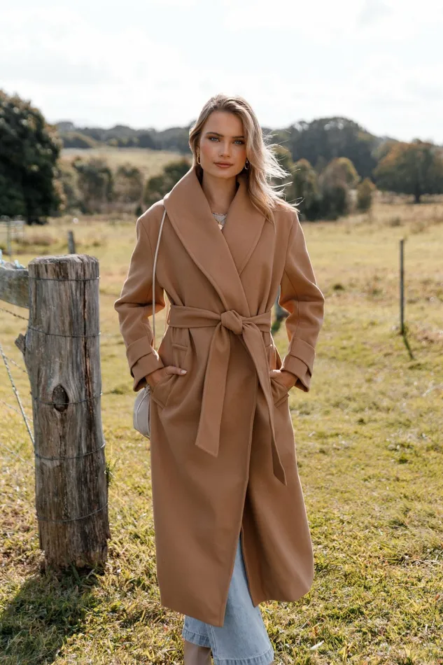 Emersyn Tie Front Coat Camel Jackets and Coats Petal and Pup Women