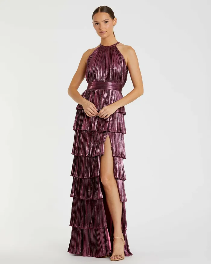 Evening Gowns High Neck Heat Pleated Tiered Ruffle Metallic Dress Rose Mac Duggal Women Evening Gowns High Neck Heat Pleated Tiered Ruffle Metallic Dress Rose Mac Duggal Women