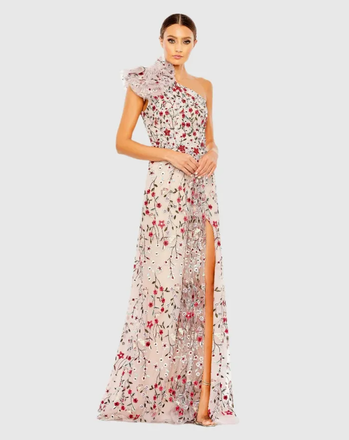 Evening Gowns Mac Duggal Women Embellished Ruffled One Shoulder A Line Gown Rose Multi Evening Gowns Mac Duggal Women Embellished Ruffled One Shoulder A Line Gown Rose Multi