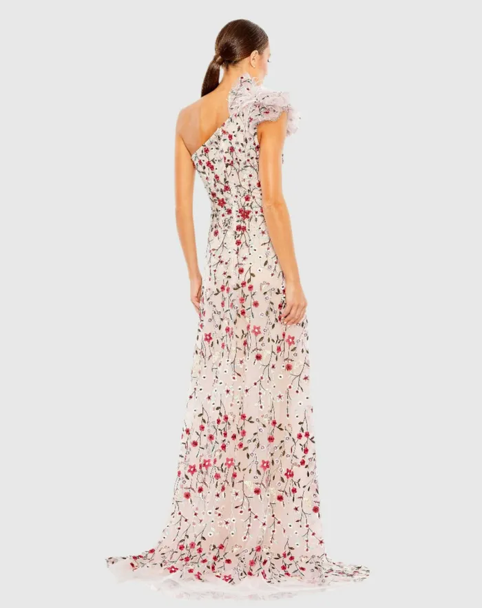 Evening Gowns Mac Duggal Women Embellished Ruffled One Shoulder A Line Gown Rose Multi