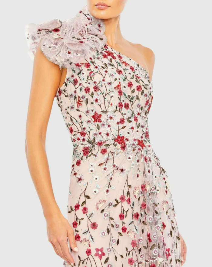 Evening Gowns Mac Duggal Women Embellished Ruffled One Shoulder A Line Gown Rose Multi