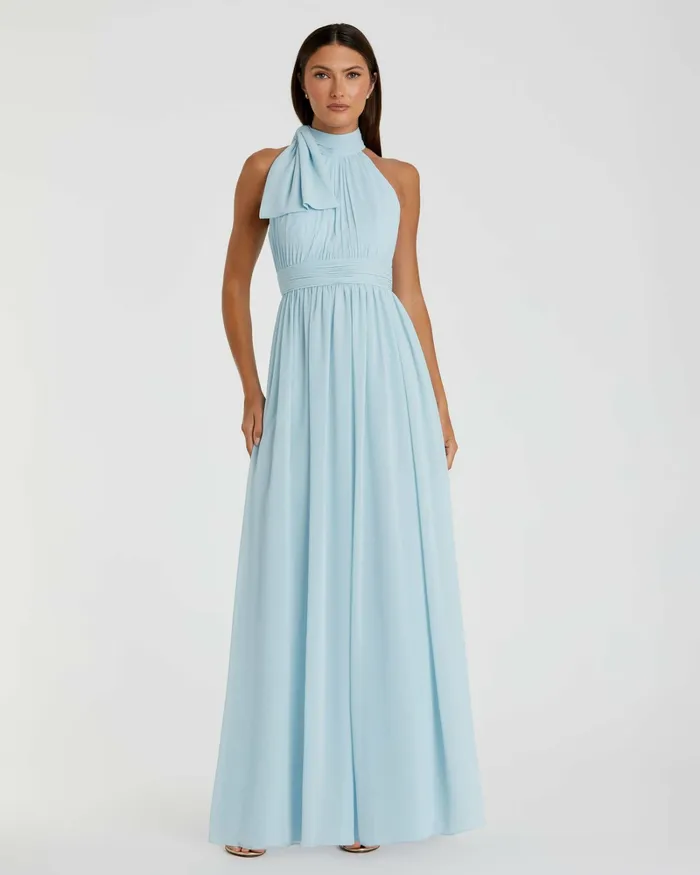 Evening Gowns Mac Duggal Women High Neck Chiffon Gown Powder Blue