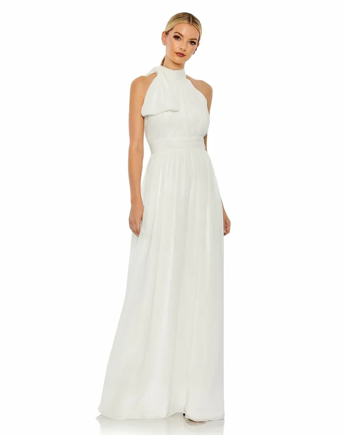 Evening Gowns Mac Duggal Women High Neck Chiffon Gown Powder Blue
