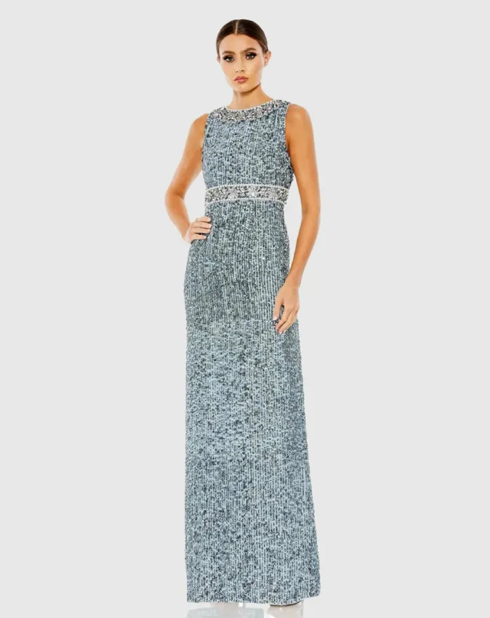 Evening Gowns Mac Duggal Women Sequined Sleeveless Embellished Neckline Gown Slate Blue Evening Gowns Mac Duggal Women Sequined Sleeveless Embellished Neckline Gown Slate Blue