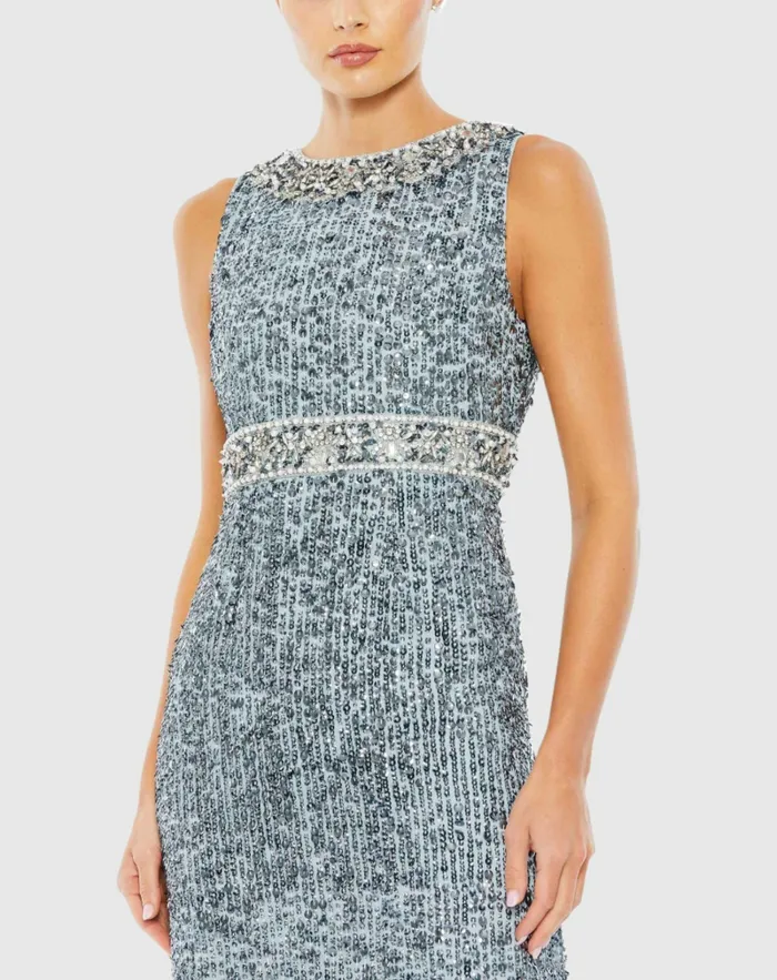Evening Gowns Mac Duggal Women Sequined Sleeveless Embellished Neckline Gown Slate Blue