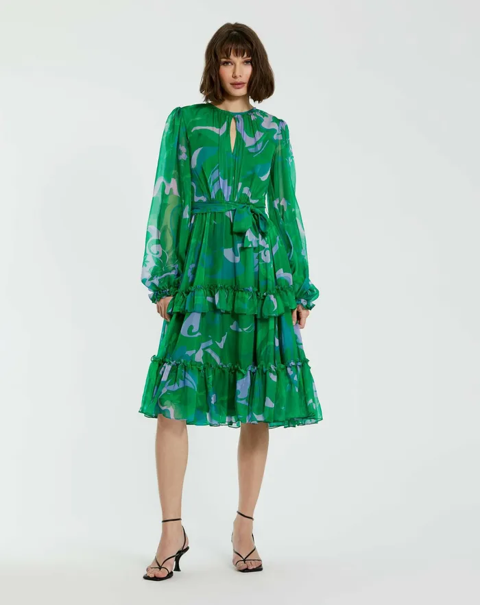 Every Day Dresses Green Printed Chiffon Bishop Sleeve Tie Waisted Ruffle Midi Dress Green Multi 8211 Mac Duggal Women