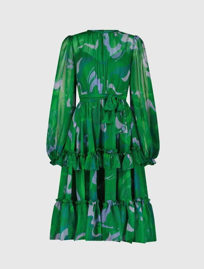 Every Day Dresses Green Printed Chiffon Bishop Sleeve Tie Waisted Ruffle Midi Dress Green Multi 8211 Mac Duggal Women