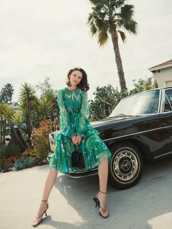 Every Day Dresses Green Printed Chiffon Bishop Sleeve Tie Waisted Ruffle Midi Dress Green Multi 8211 Mac Duggal Women