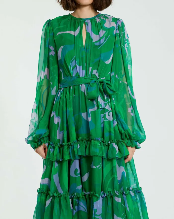 Every Day Dresses Green Printed Chiffon Bishop Sleeve Tie Waisted Ruffle Midi Dress Green Multi 8211 Mac Duggal Women