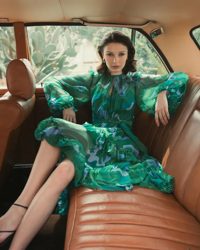 Every Day Dresses Green Printed Chiffon Bishop Sleeve Tie Waisted Ruffle Midi Dress Green Multi 8211 Mac Duggal Women