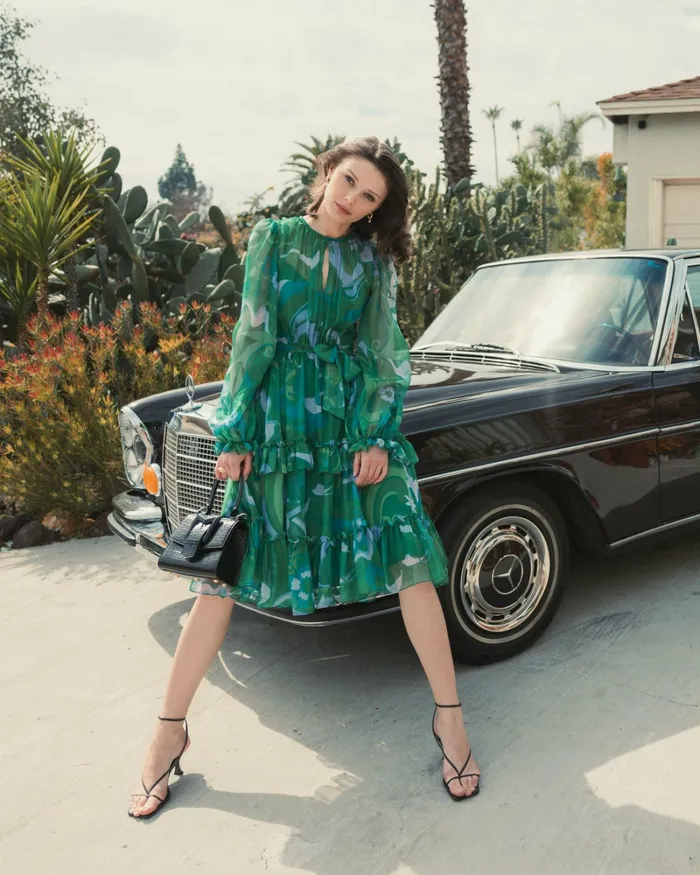 Every Day Dresses Green Printed Chiffon Bishop Sleeve Tie Waisted Ruffle Midi Dress Green Multi 8211 Mac Duggal Women