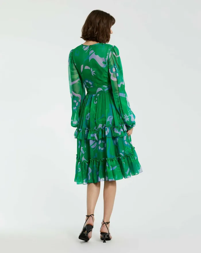 Every Day Dresses Green Printed Chiffon Bishop Sleeve Tie Waisted Ruffle Midi Dress Green Multi 8211 Mac Duggal Women