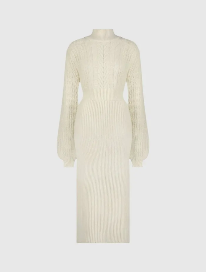 Every Day Dresses Mac Duggal Women Long Sleeve Turtle Neck Knit Midi Dress Ecru