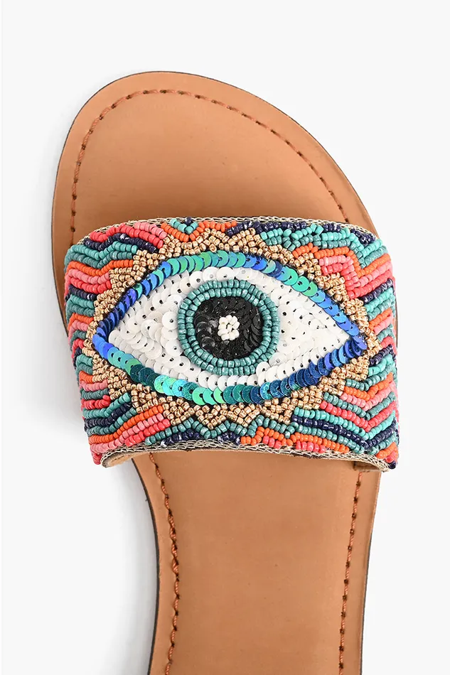 Evil Eye Good Luck Hand Beaded Slide Sandals Women Sandals America and Beyond