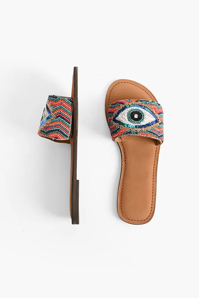 Evil Eye Good Luck Hand Beaded Slide Sandals Women Sandals America and Beyond