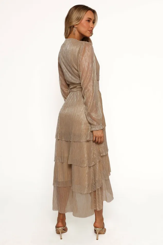 Fall Dresses Petal and Pup Women Cybil Pleated Tiered Midi Dress Champagne Gold