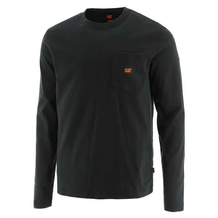Flame Resistant Logo Pocket Long Sleeve Tee Black Men Cat Footwear Tops and Outerwear