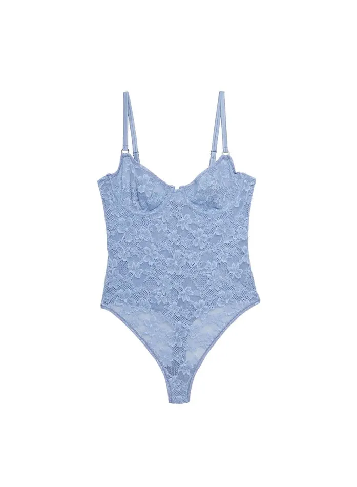 Fleur Du Mal Bodysuits Le Stretch Lace Bodysuit Denim Blue 8211 Women