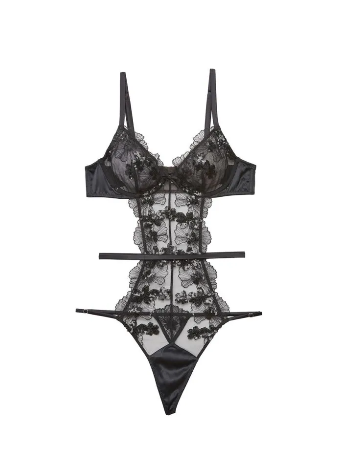Fleur Du Mal Pleasure Sequin Violet Embroidery Bodysuit Black 8211 Women Fleur Du Mal Pleasure Sequin Violet Embroidery Bodysuit Black 8211 Women