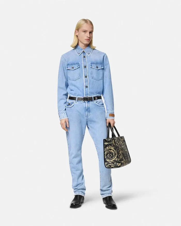 Frayed RegularFit Jeans Blue Men Versace Pants and Shorts