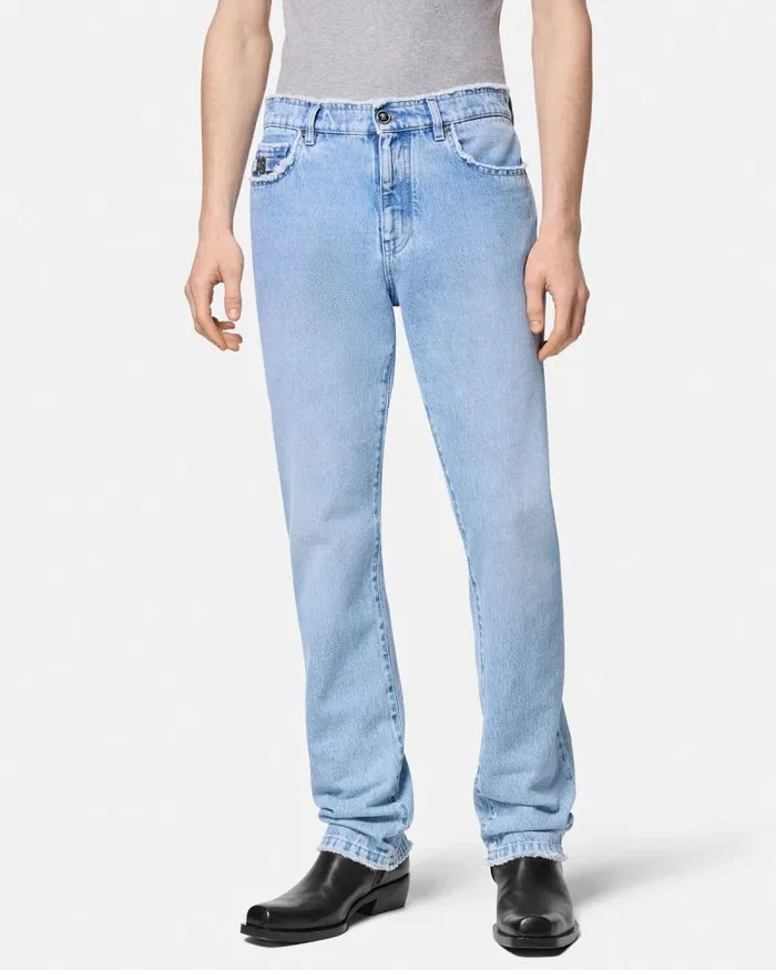 Frayed RegularFit Jeans Blue Men Versace Pants and Shorts