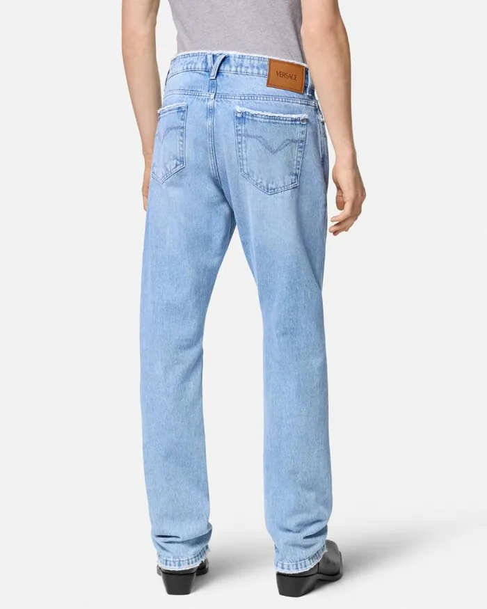 Frayed RegularFit Jeans Blue Men Versace Pants and Shorts