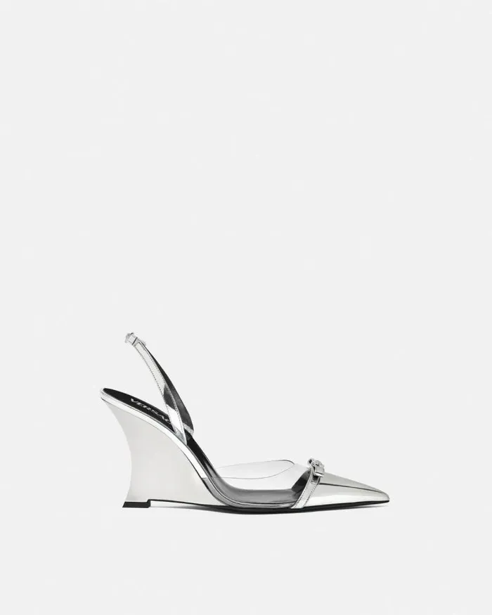 Gianni Ribbon Metallic Wedge Pumps 95 Mm Silver Women Versace Pumps and Slingbacks