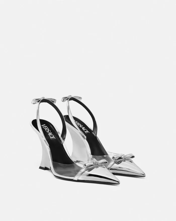 Gianni Ribbon Metallic Wedge Pumps 95 Mm Silver Women Versace Pumps and Slingbacks