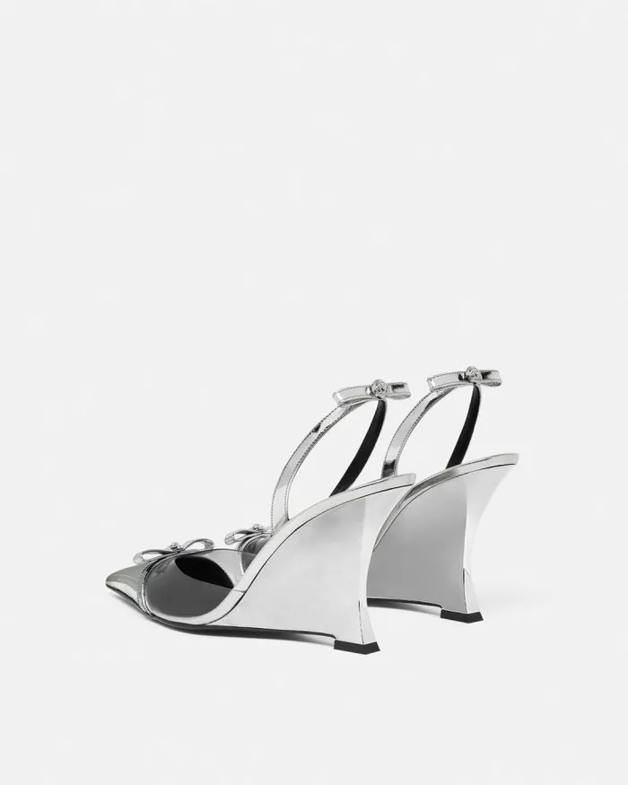Gianni Ribbon Metallic Wedge Pumps 95 Mm Silver Women Versace Pumps and Slingbacks