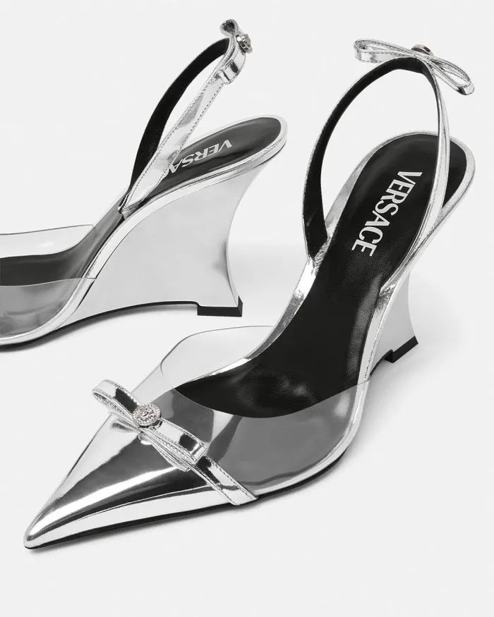 Gianni Ribbon Metallic Wedge Pumps 95 Mm Silver Women Versace Pumps and Slingbacks