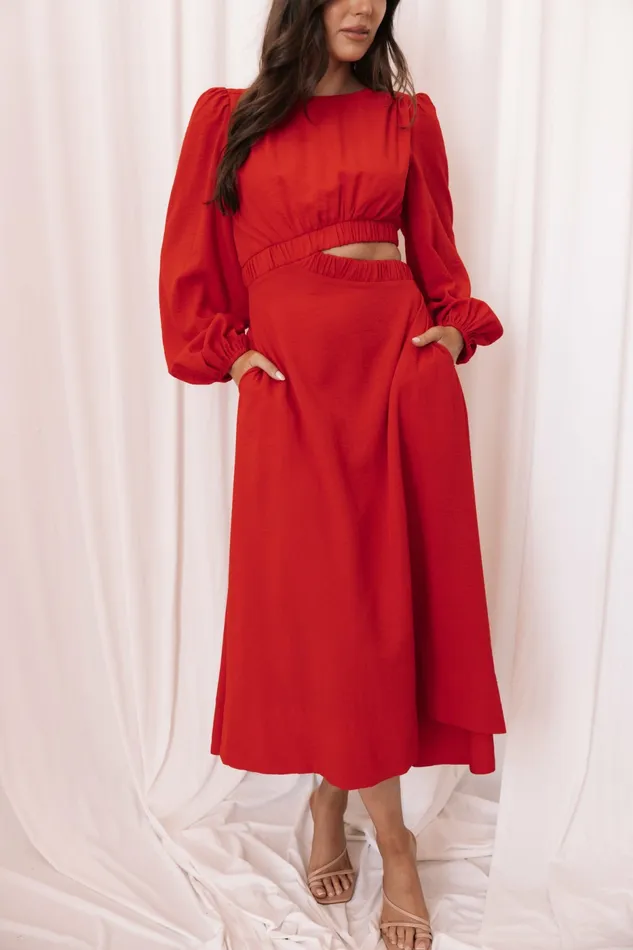 Ginnee Puff Sleeve Cutout Midi Dress Red Women Long Sleeve Dresses Petal and Pup