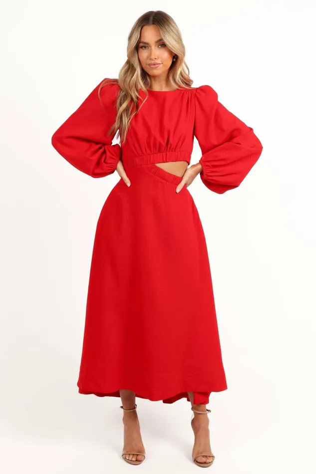 Ginnee Puff Sleeve Cutout Midi Dress Red Women Long Sleeve Dresses Petal and Pup