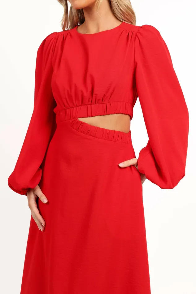Ginnee Puff Sleeve Cutout Midi Dress Red Women Long Sleeve Dresses Petal and Pup