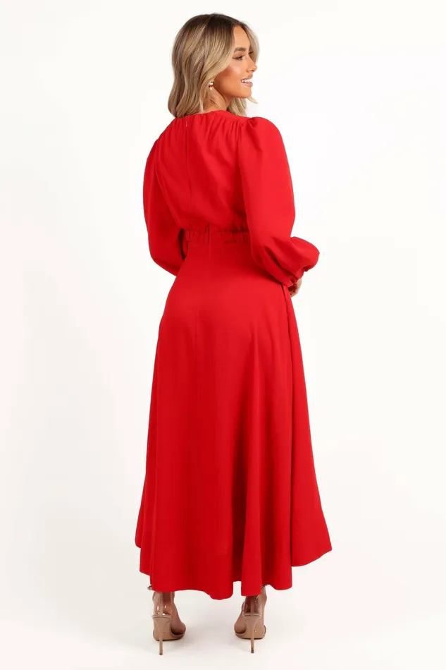 Ginnee Puff Sleeve Cutout Midi Dress Red Women Long Sleeve Dresses Petal and Pup