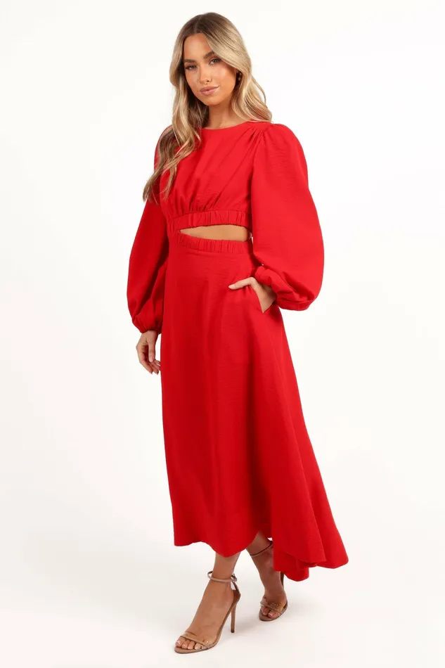 Ginnee Puff Sleeve Cutout Midi Dress Red Women Long Sleeve Dresses Petal and Pup