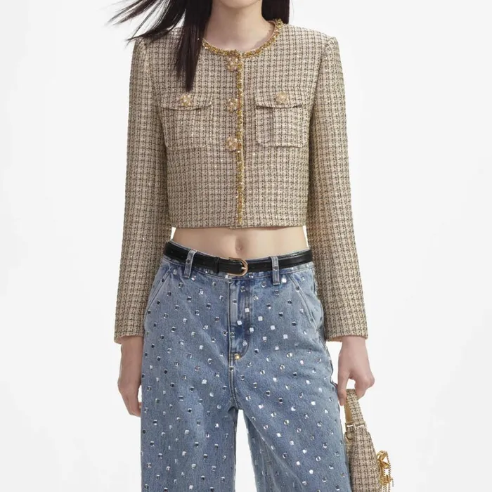Gold Boucle Cropped Jacket Women Self Portrait Outerwear Gold Boucle Cropped Jacket Women Self Portrait Outerwear