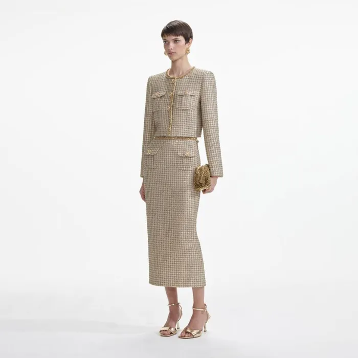 Gold Boucle Midi Skirt Women Self Portrait Bottoms Gold Boucle Midi Skirt Women Self Portrait Bottoms