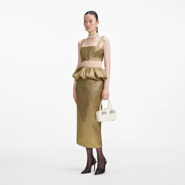 Gold Metallic Jacquard Midi Skirt Women Self Portrait Bottoms Gold Metallic Jacquard Midi Skirt Women Self Portrait Bottoms
